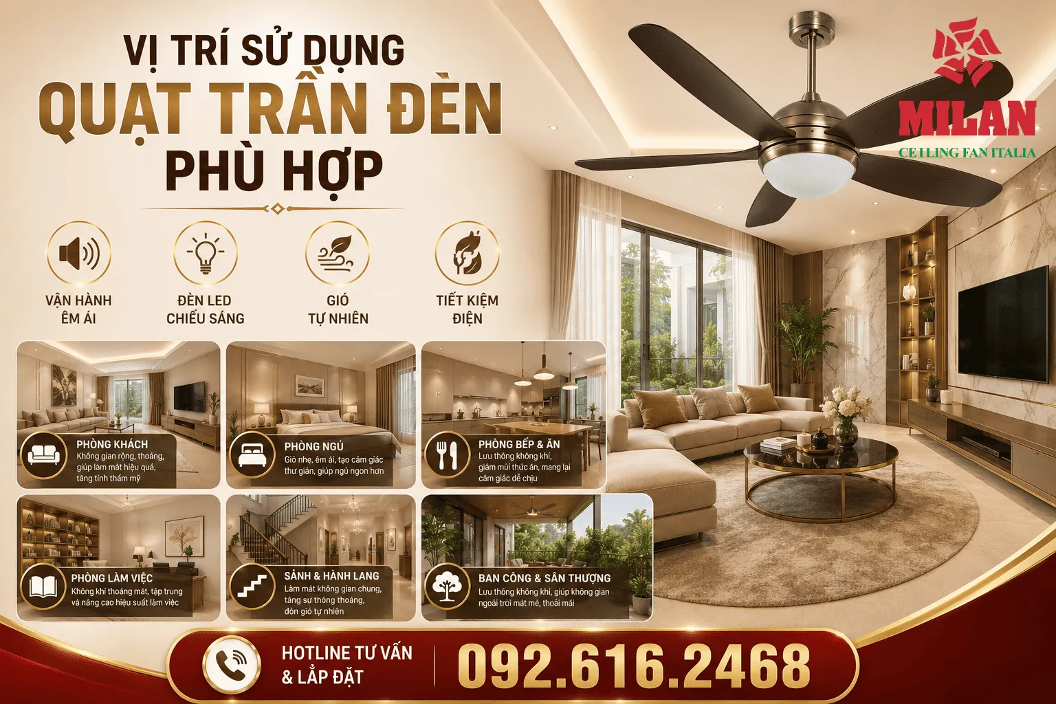 quạt trần đèn phù hợp từng không gian